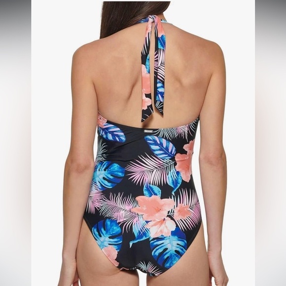 DKNY Halter Shirred One Piece Swimsuit With Tropical Floral Print - Picture 3 of 10
